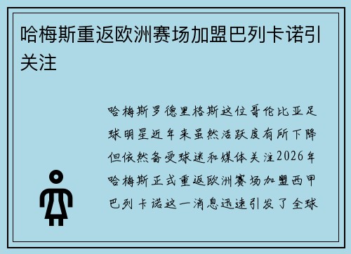 哈梅斯重返欧洲赛场加盟巴列卡诺引关注