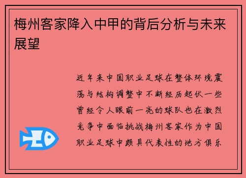 梅州客家降入中甲的背后分析与未来展望